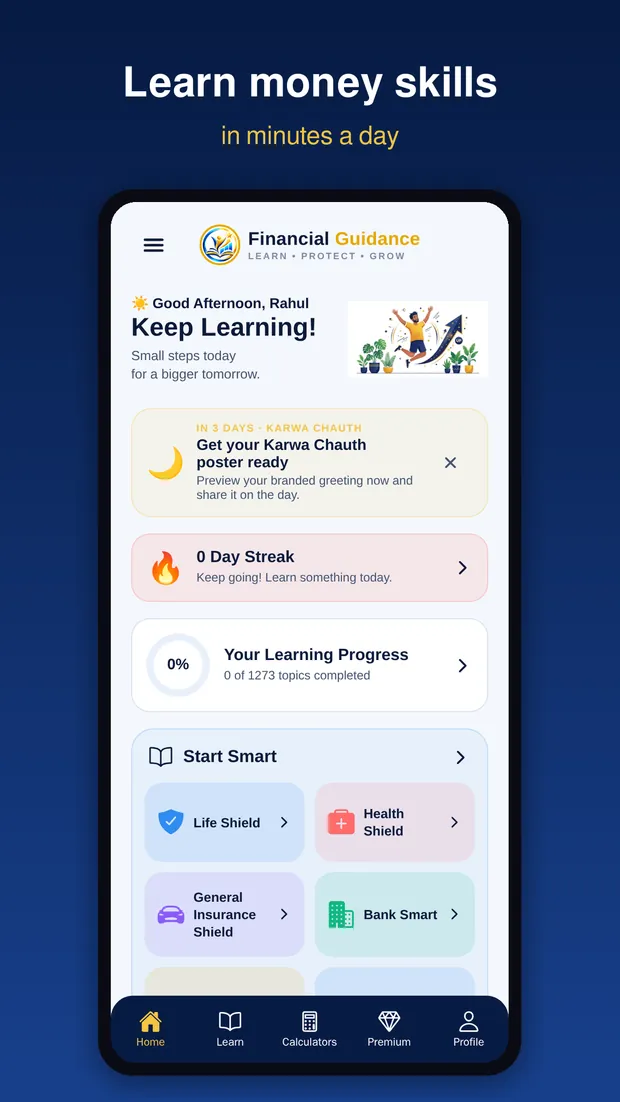 Financial Guidance app home screen with daily learning plan